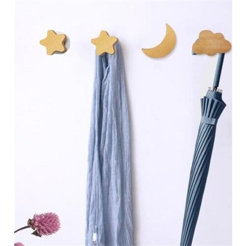 New Solid Wood Star Decoration Hook Modern Creative Free Punching Cloud Moon Three-dimensional Wall Coat Hooks