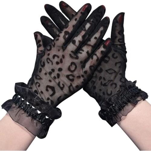 Women Summer Mesh Fishnet Leopard Short Gloves Shiny Ruffles Trim Wrist Length Anti-UV Sunscreen Driving Mittens