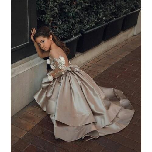 Vintage Flower Girls Dresses Sheer Neck Long Sleeve Hand Made Flowers Kids Formal Wear Hi Lo Satin Girl Dress For Wedding