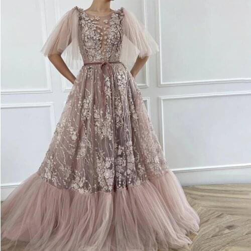 Illusion V-neck Brown Lace with Butterfly Sleeves Prom Dress with Sash vestido de fiesta largos de gala Evening Dresses