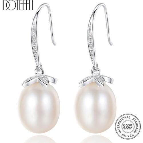 DOTEFFIL New Free Shipping Drop Genuine Natural Freshwater Pearl Real 100% 925 Silver Pearl Earrings For Women Jewelry Lady Gift