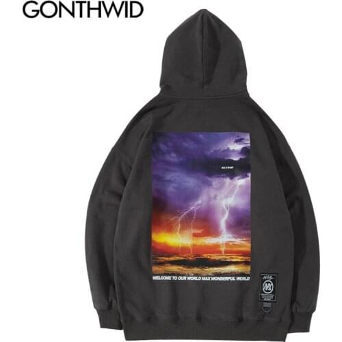 GONTHWID Harajuku Streetwear Hooded Sweatshirts Lightning Cloud Print Hoodies Hip Hop Fashion Casual Loose Mens Hoodie Tops