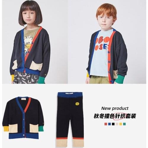 Pre-sale Kids Suits 2021 Autumn Winter Bc Girls Color Matching Knitted Sweater Pants Sets Baby Boys V-neck Children Cardigan