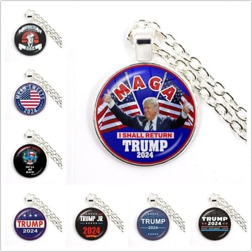 Keep America Great 2024 USA Trump Collection Glass Pendant Antique Silver Color Necklace Jewelry For Women Men Support Trump