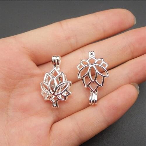 10pcs bright silver lotus pearl necklace pendant, aroma oil diffuser adds your own pearl, stone makes it more attractive