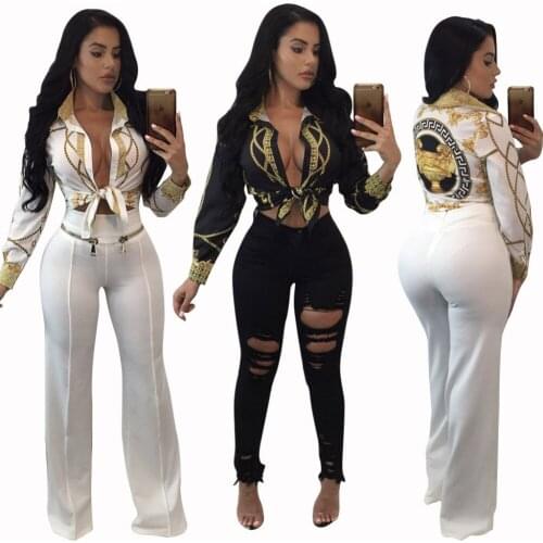 2019 Spring Women Elegant Party Loose Button Shirt Turn-down Collar Female Print Knot Front Long Sleeve Blouse