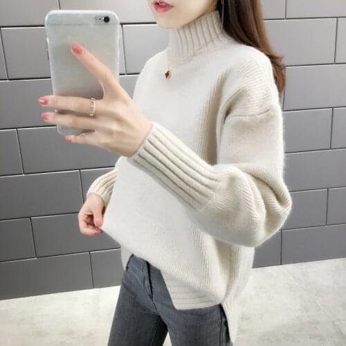 Womens Half Turtleneck Autumn Winter Sweaters Long Sleeve Solid Jumper Split Ladies Casual Knitted Tops for Female Pullovers
