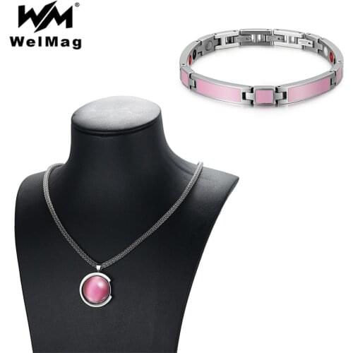 WelMag Womens Fashion Pink Jewelry Set Charm Opal Stainless Steel Necklace Bracelets Femme Magnetic Therapy Dropship 2019