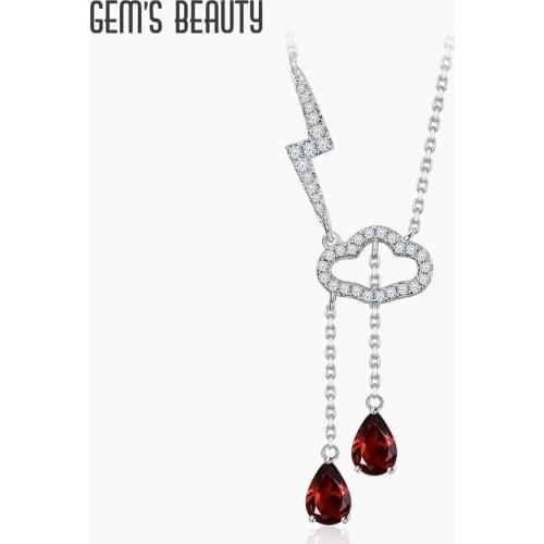 GEMS BEAUTY 925 Sterling Silver Gemstone Womens Rosary Necklace Clouds Rain Lightning Pendant Necklace with Natural Red Garnet