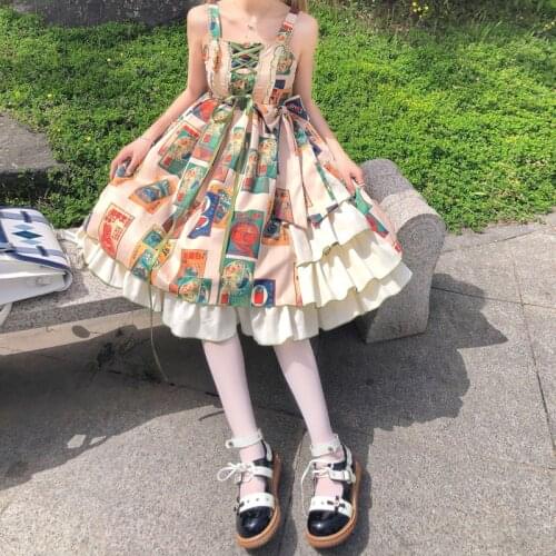 Kawaii Lolita Dress Women Jsk Sweet Cute Vintage Fairy Dresses Vestidos Girls Bow Ruffle Retro Print Strap Dresses Summer 2021