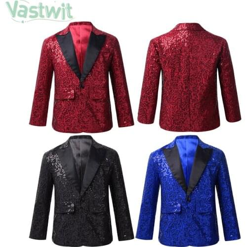 Boys Shiny Sequins Lapel Suit Blazer Tuxedo Flower Boy Suit Dress For Wedding Banquet Children Formal Party Blazer Children Suit