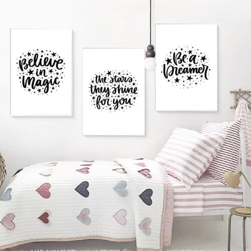 Kids Room Decor Believe in Magic Quote Inspirational Typography Posters and Prints Black White Picture Wall Art Canvas Painting