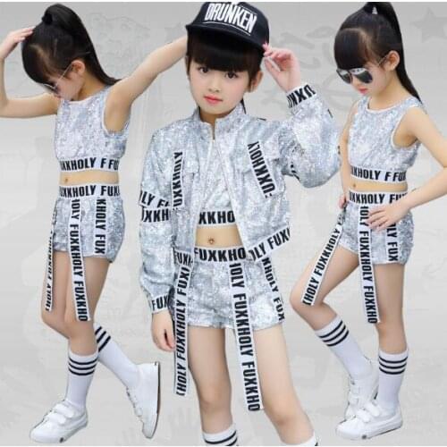 Kids Jazz Hip Hop Modern Dance Costumes For Girls Silver Sequin Dancing Wear Clothing Children Sports Suit Outfits