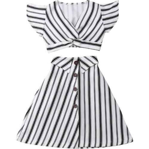 Personality Striped Children Kids Girls Party Dress Crop Tops+ A-lined Skirt Outfit Sets Summer 3-8Y