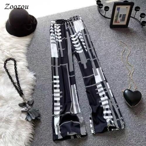 Women Drawstring Elastic Waist Wide Leg Pants Plus Size Casual Geometric Plaid Print Loose Trousers Yoga Straight Pants Running