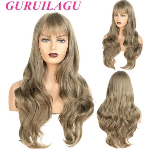 GURUILAGU Long Wavy Ombre Brown Blonde Synthetic Wigs For Women Middle Part Wigs for Black Women Cosplay Party Wig With Bangs