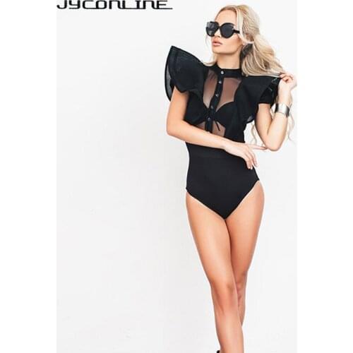 JYConline 2019 Women Bodysuit Sexy Mesh Patchwork Bodycon Jumpsuit Ruffles Summer Body Top Overalls For Women Combinaison Femme