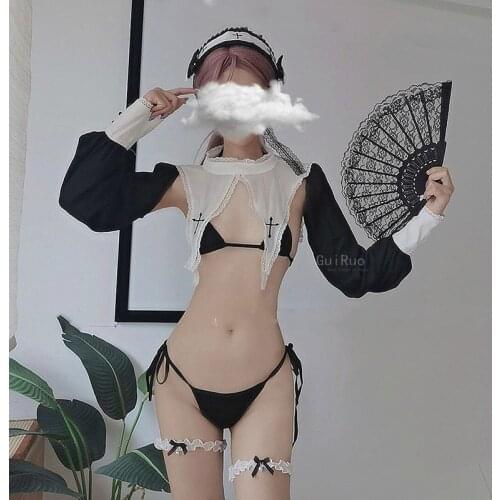 Kawaii Lingerie for Woman Anime Maid Uniform Nun Cosplay Costumes Bikini Hollow Ultra Short Long Sleeve Tops School Girl Outfits