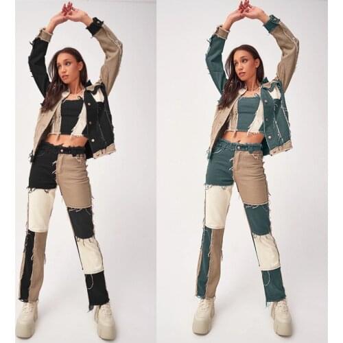 Summer Pant New Variegated Stitching High Waist Tight Hip Women Straight Jeans Trousers Long Femme Fashion Pants Drop Shipping