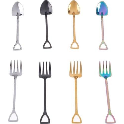Multi-color Spoon Fork Long Handle Coffee Ice Cream Tools Stainless Steel Shovel Shape Ice Cream Spoon Kitchen Accessories