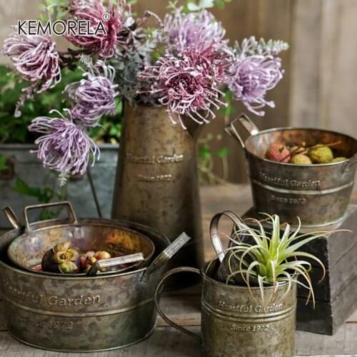 American Metal Vase since1972 Vintage Decoration Tray With Handles Retro Flower Antique Iron Barrel Fruit Storage Basket