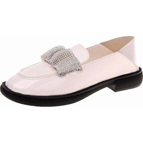 YSHUNIJ 2021 New British Retro Round Head Shoes Rhinestone Shallow Lazy Lok Fu Shoes Low Heel Womens Shoes