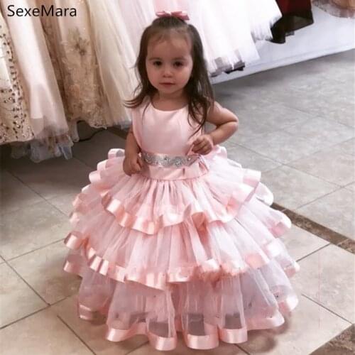Custom New Girls Dresses Tiered Puffy Tulle O Neck Children Wedding Party Gown Kids Clothes Photography