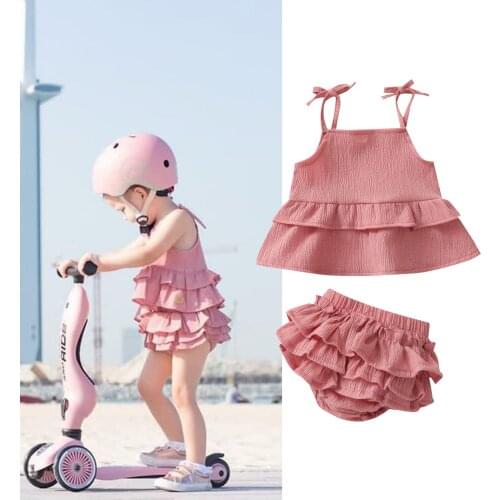 Toddler Baby Girls Lovely Outfit Kids Summer Solid Flouncing Splicing Wide Sleeveless Suspender Tops + Lace Shorts 2Pcs Set