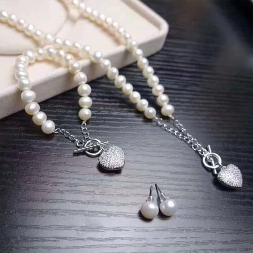 One set freshwater pearl white near round 7-8mm necklace/bracelet/ earrings heart hook wholesale for women xmas gift