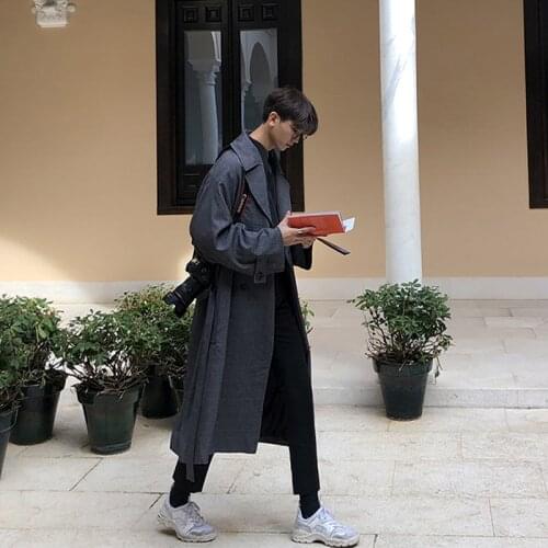 Autumn new style Korean casual mens windbreaker handsome over-the-knee retro trend coat bf mid-length plaid jacket