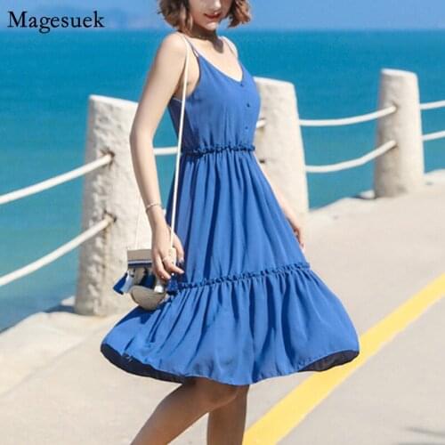 Sleeveless Beach Dress Summer 2021 Sundress Elegant Sexy Bohemian Dress Women Backless Short Blue Female Dresses Femme Robe 8721
