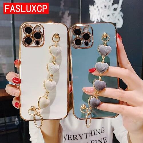 Luxury Gold Electroplate Fabric Heart Wrist Bracelet Phone Case for iPhone 12 11 Pro Max Mini X XS XR 7 8 Plus Soft Cover Coque