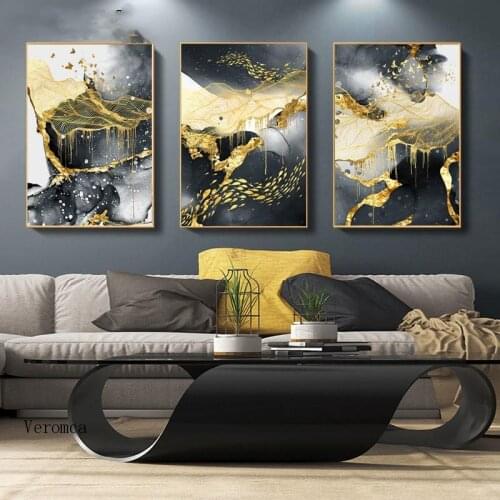 Nordic Luxurious Abstract Gold Poster Canvas Print Ink Landscape Painting Simply Modern Wall Picture for Living Room Home Decor