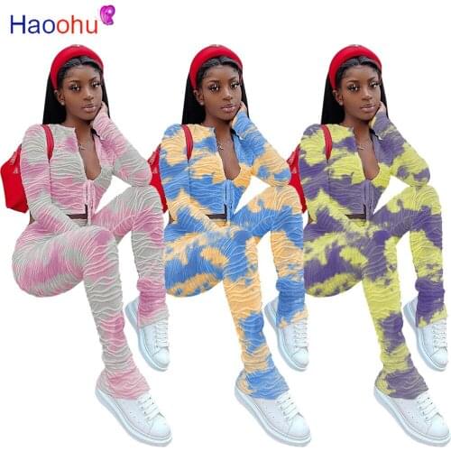 Sweatsuit Deep V-neck Tie Dye Long Sleeve Crop Top and Draped Stacked Pant Legging Clothing Autumn Loungewear 2 Piece Outfits