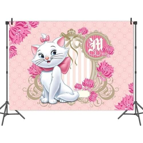 Cute Cat Marie Flowers Pink Girl Party Backdrop Child Birthday Table Decoration Photography Photo Background Kids Vinyl Banner