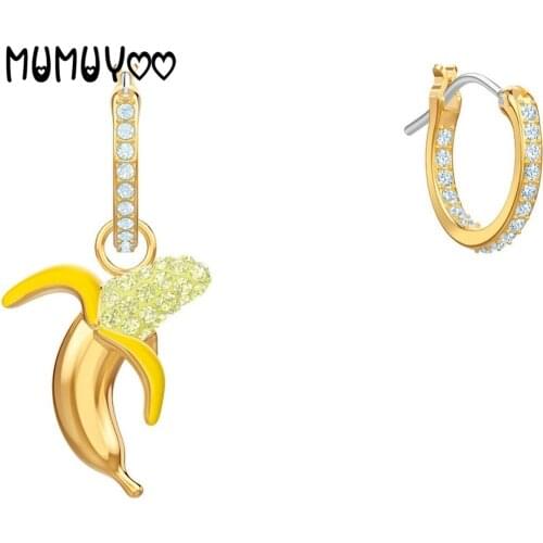 SWA Fashion Jewelry High Quality NO REGRETS Charm and Fun Banana Yellow Crystal Irregular Pierced Earrings