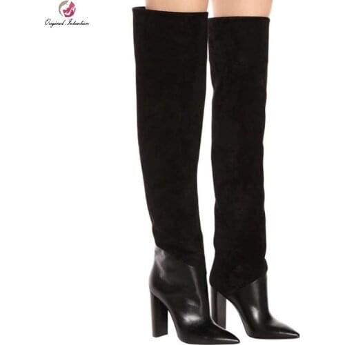 Womens Over The Knee Boots Shoes Square Heel Pointed Toe High Heels Autumn Winter Black Women Boots Large Size 35-45 New 2020