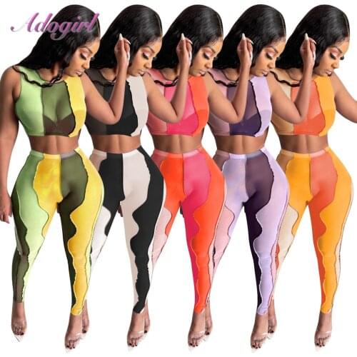 Women Sheer Mesh Two Piece Set Sexy See Through Sleeveless Crop Tops Skinny Leggings Pants Suit Outfit Party Club Matching Sets