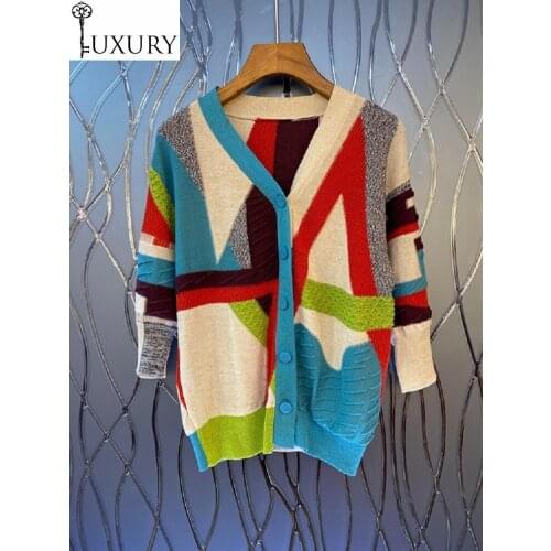 Cardigan Fashion 2020 Autumn Jacket High Quality Women V-Neck Geometric Patterns Knitting Long Sleeve Casual Sweater Cardigans