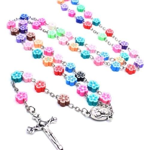 Religious Flower Aryclic Beads Women Polymer Clay Cross Rosary Necklace