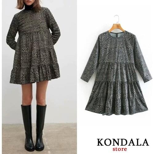 KONDALA Za 2020 Women Dress Fashion Vintage Leopard Print Mini Dresses Long Sleeve Ruffles O-Neck Vestidos Mujer