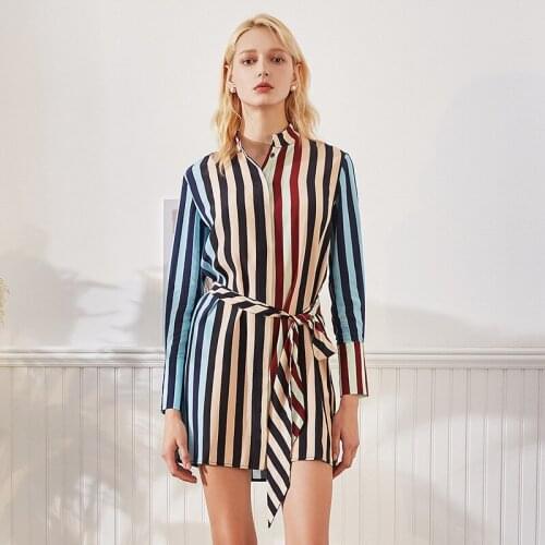 Silk striped shirt dress womens fashion new 2020 spring and summer lace up shirt skirt
