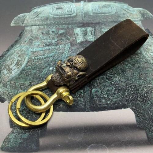 1PC Creative Handmade Leather Keychain Pure Copper Brass Buckle Car Locomotive Keychain EDC Pocket Tools