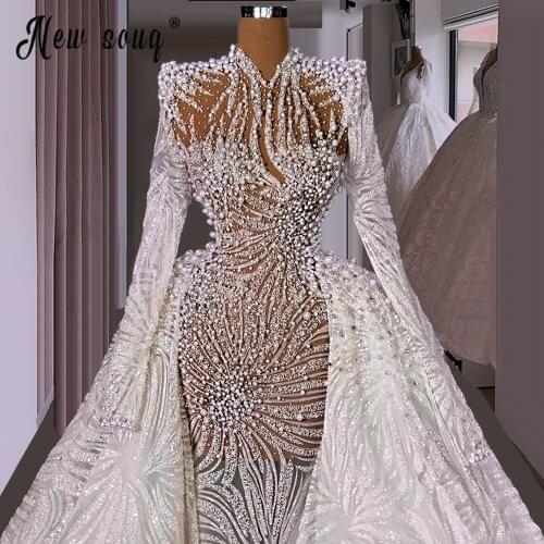 2 in 1 Detachable Train Mermaid Wedding Dresses High-Neck Pearls Bridal Dress Long Sleeve Wedding Gowns Vestidos De Noiva