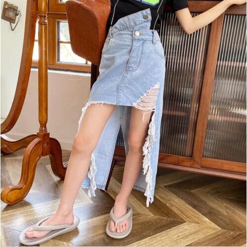 2021 Korean style girls denim holes skirt summer fashion girls skirt 6-12t B247