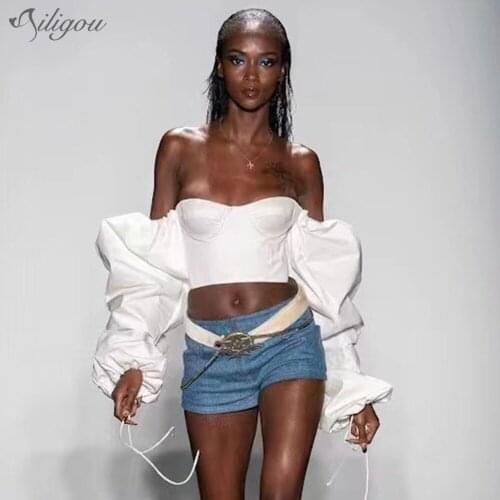 Ailigou 2021 Summer New WomenS Top Celebrity Party Cocktail Party Dress Off Shoulder Puff Sleeve Design White Suspender Top