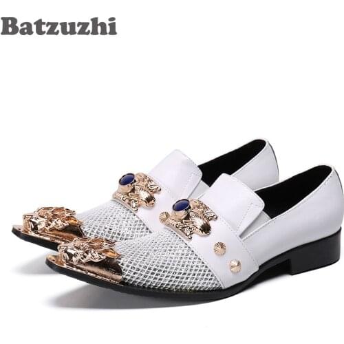 Batzuzhi Personality Men Shoes Pointed Metal Tip Leather Dress Shoes Slip on White Party & Wedding Shoes Men Zapatos Hombre