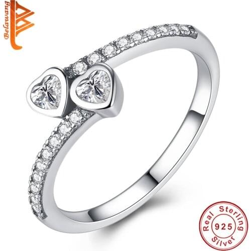 BELAWANG Luxury 925 Sterling Silver Forever Love Hearts Ring, Clear CZ Finger Rings for Women Fashion Engagement Jewelry