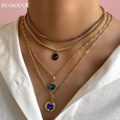 Bohemia Multilayer Blue Crystal Heart Charms Metal Chain Necklace For Women Enamel Moon Star Coin Golden Long Twist Chain Jewely