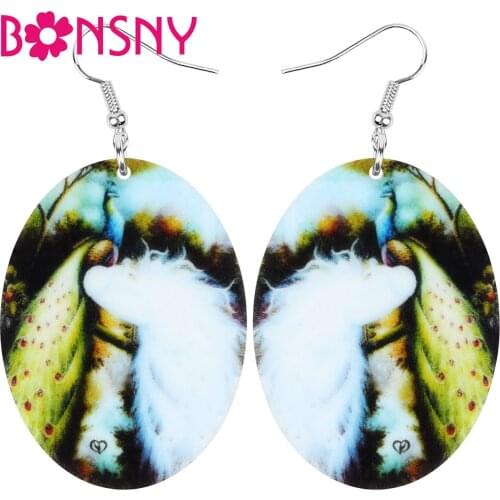 Bonsny Acrylic Oval Peacock Peafowl Earrings Big Long Printing Bird Animal Dangle Drop Jewelry For Women Kids Girl Fashion Gift